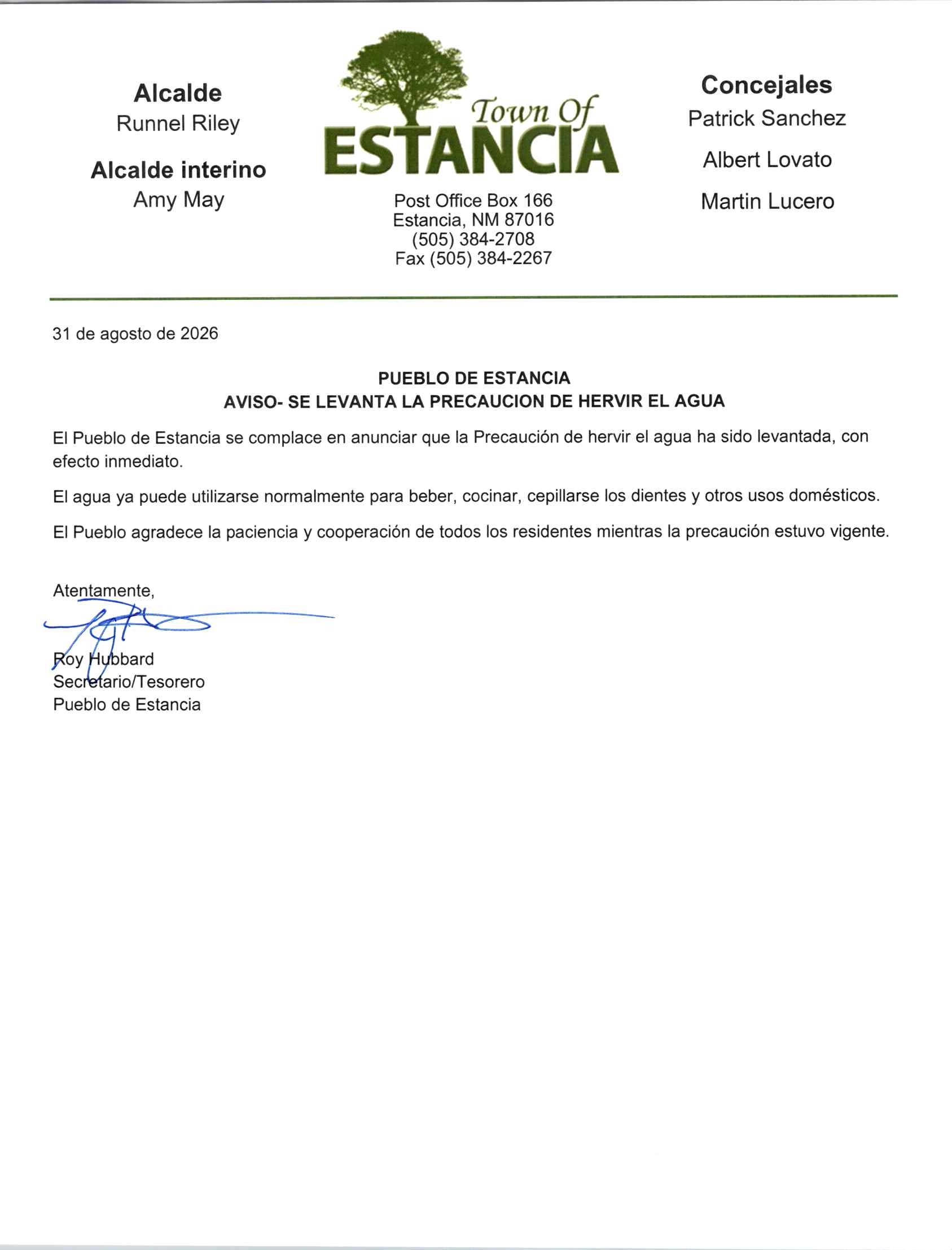 2026.08.31 Boil Water_LIFTED Notice_Spanish